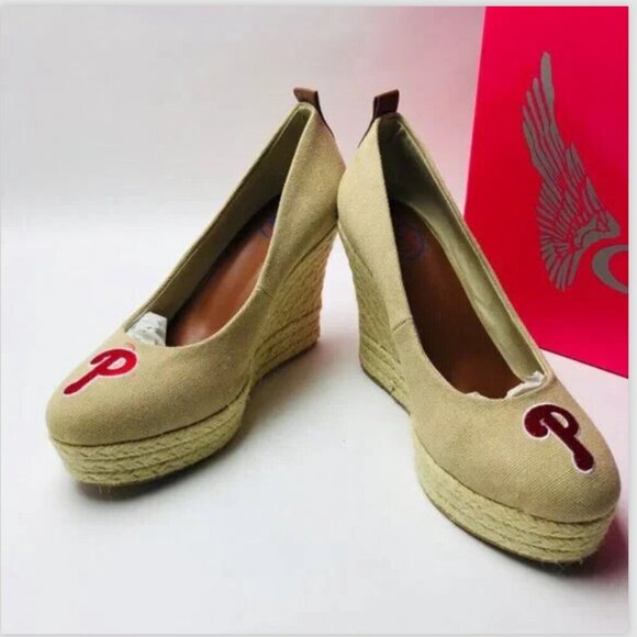 MLB Phillies Tan Wedge Heels Women's Size 6 Natural Espadrilles Go Phillies! - Picture 1 of 1